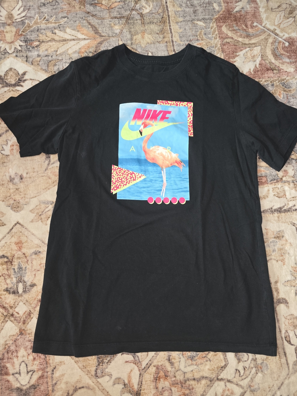 Retro Nike Black Short Sleeve Tee with Neon Flamingo Graphic